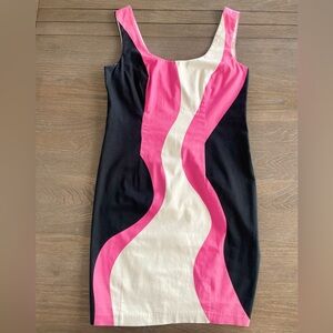 Black, Pink & Cream Colorblock Wave Sheath Dress